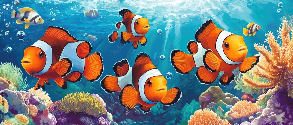 Fototapeta premium Vibrant Clownfish School in Coral Reef.