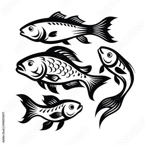 Ornamental Fish Silhouettes, Decorative Aquatic Animals, Black and White Design, Isolated