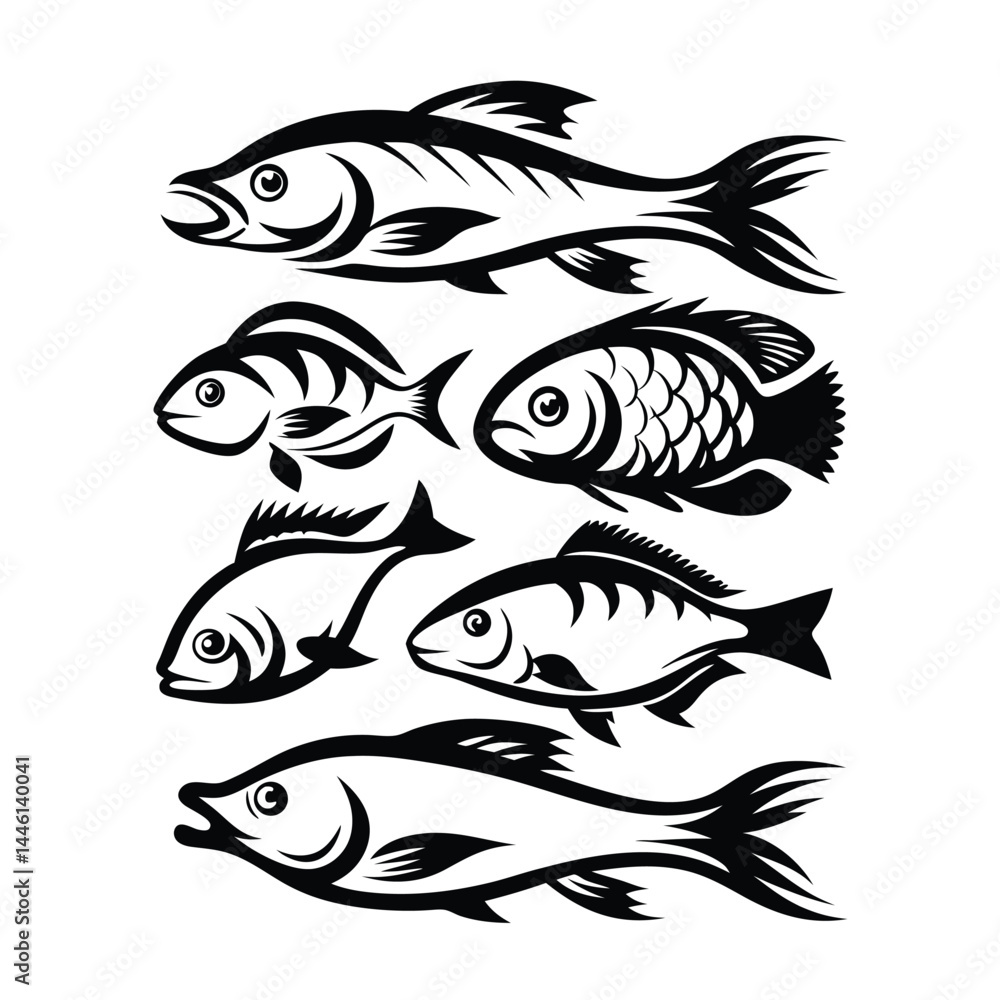 Fototapeta premium Fish Silhouette Collection, Elegant Black and White Isolated Animal Artwork, Seafood Pattern