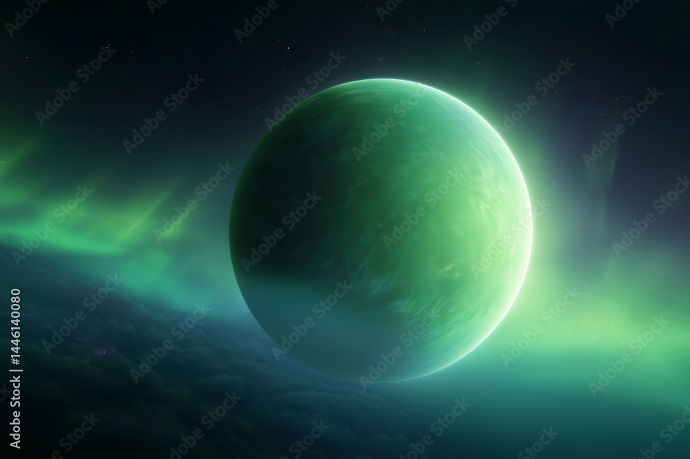 Green planet rotating in space with glowing auroras and stars in the background, creating a mesmerizing cosmic scene Green planet rotating in space with glowing auroras and stars in the background, creating a mesmerizing cosmic scene