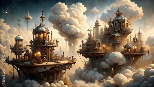 Floating sky islands, steampunk architecture, ornate domes, intricate towers, airships, dramatic clouds, fantasy cityscape, golden light, epic scale, surreal dreamscape, victorian-inspired buildings, 