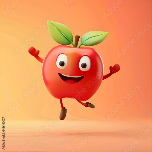 Joyful Red Apple Cartoon Character 3D Render