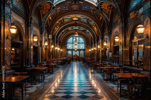 An ornate hallway featuring tables and chairs with ambient lighting