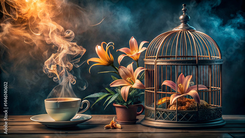 vintage birdcage, blooming lilies, steaming coffee cup, antique table, moody atmosphere, dramatic lighting, smoke wisps, teal and orange color palette, surreal still life, ornate details, 