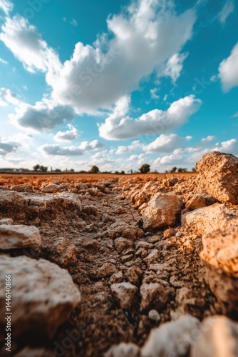 Rocky field landscape with a bright blue sky and white fluffy clouds overhead