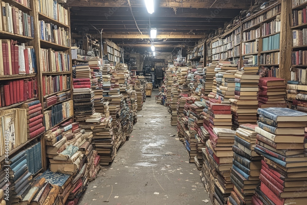 Fototapeta premium An overflowing library contains numerous piles of old books on shelves