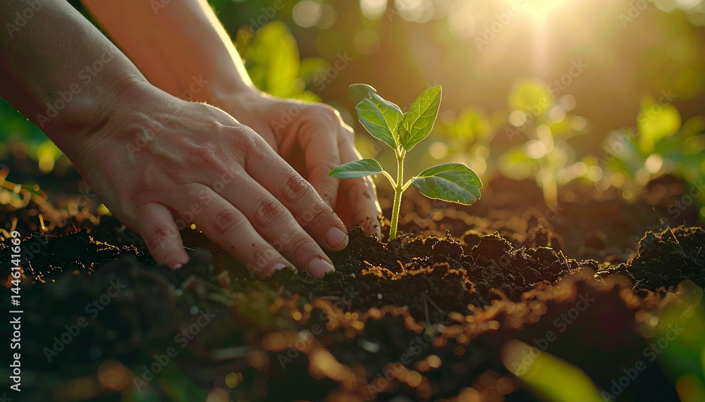 Fototapeta premium Nurturing Growth: A close-up shot of hands gently planting a seedling, evoking a sense of care and the promise of new beginnings in the soft morning sun.