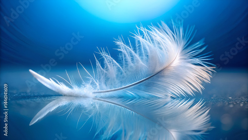 delicate white feather, floating underwater, ethereal blue background, macro photography, high detail, soft lighting, bubbles, reflective surface, dreamlike atmosphere, serene, weightless, 