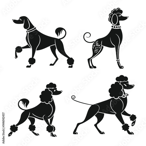 Poodle Silhouettes, Four Poodles in Different Poses, Monochrome, Black on White Background