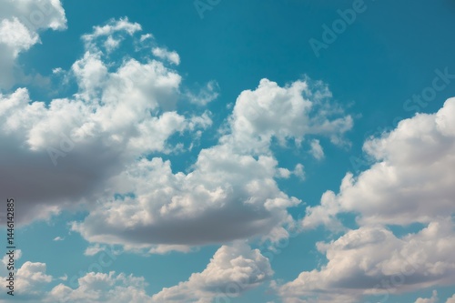Beautiful white clouds are moving slowly across a vibrant blue sky, creating a serene and peaceful atmosphere