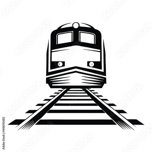 Bold Black and White Train Engine on Railroad Tracks Frontal View, Minimalist Design