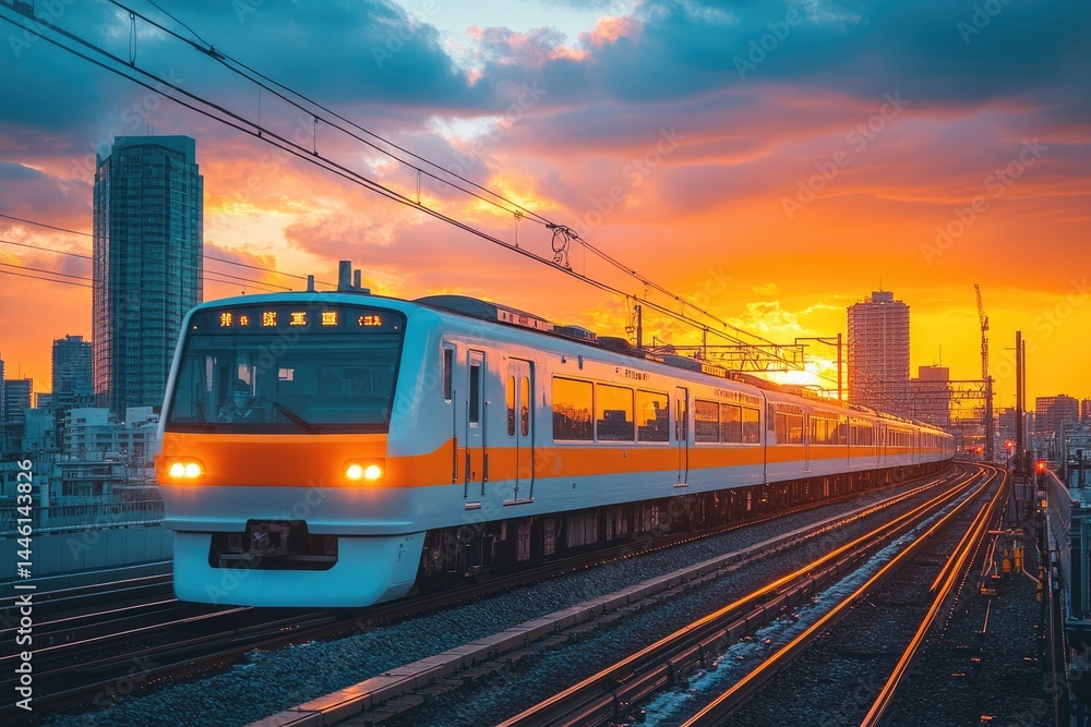 Naklejka premium A passenger train traveling through a vibrant city during sunset