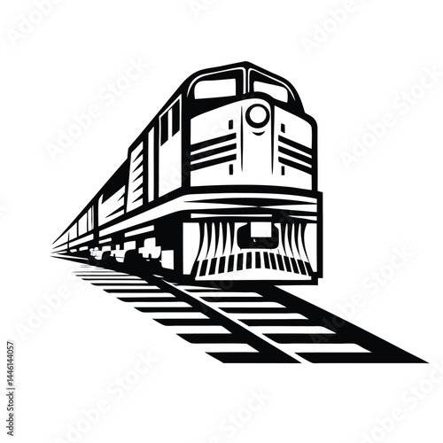 Black and White Stylized Train Engine on Tracks Approaching Perspective View