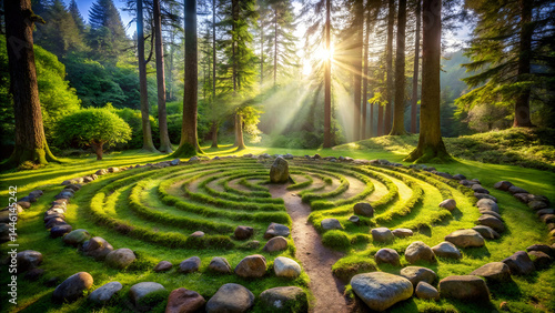 Mystical forest labyrinth, circular hedge maze, sunbeams filtering through tall trees, lush green foliage, mossy stones, ethereal light, vibrant nature, peaceful garden, spiritual journey,