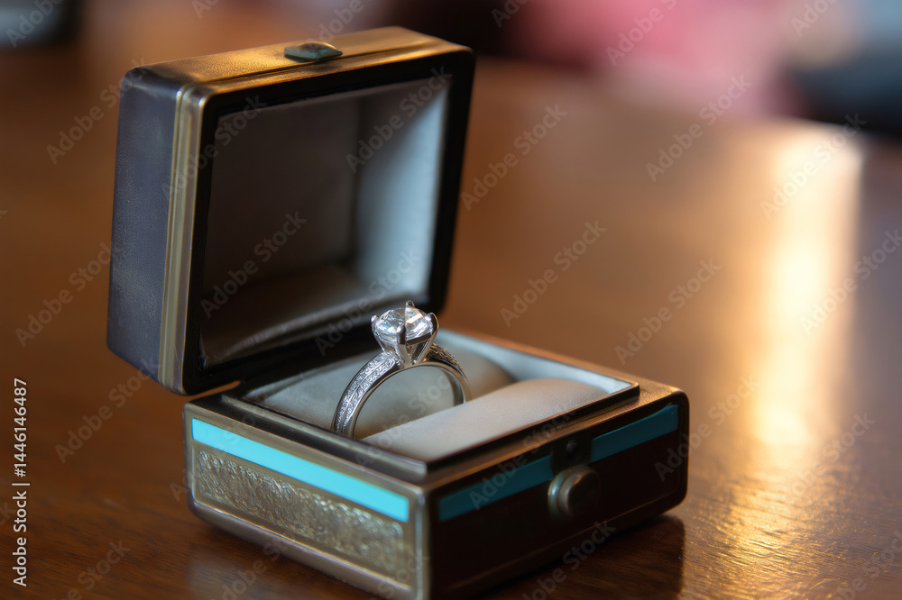 Close up of a beautiful diamond ring presented in a vintage jewelry box, evoking luxury and romance Close up of a beautiful diamond ring presented in a vintage jewelry box, evoking luxury and romance