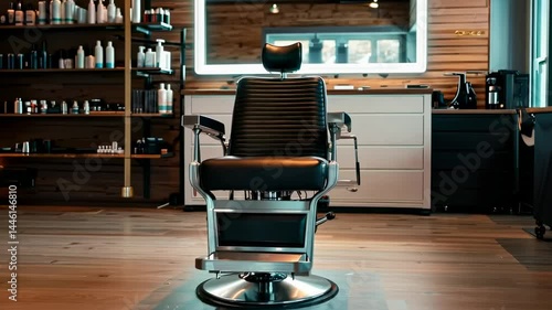 Modern barbershop interior with rotating leather chair and wooden accents