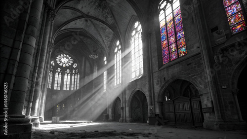 Gothic cathedral interior, dramatic light beams, stained glass windows, black and white photo, colorful window accents, stone arches, atmospheric dust particles, ethereal ambiance, empty pews, 