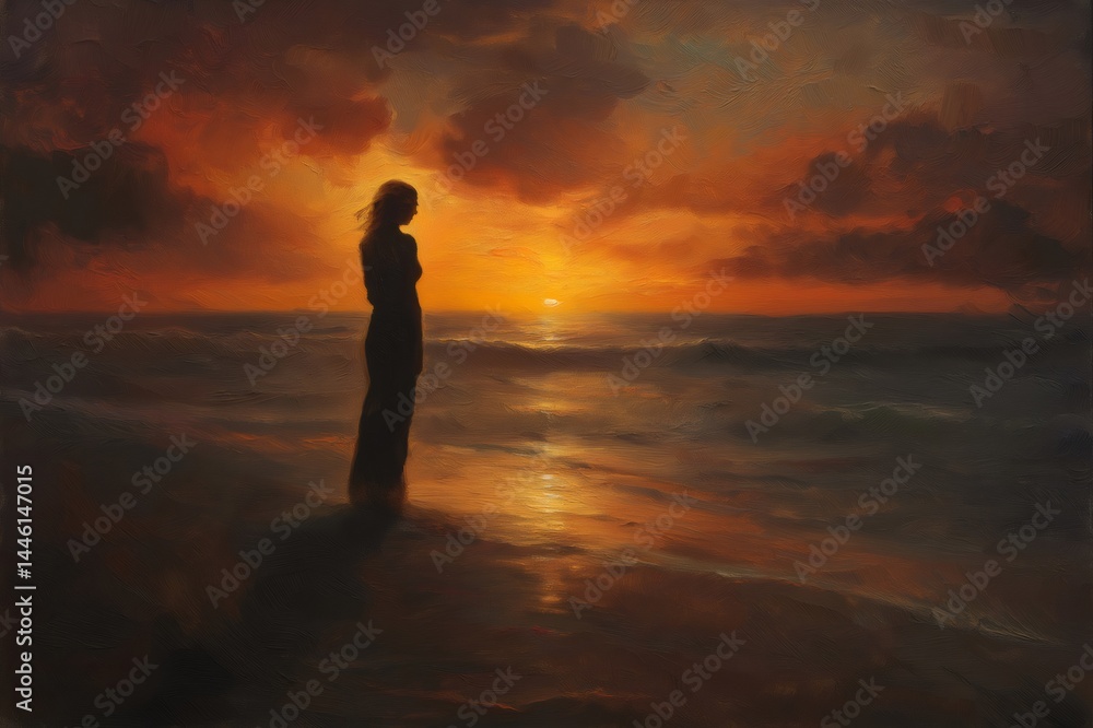 Painting of a woman standing on the beach at sunset, watching the waves and the beautiful colors of the sky Painting of a woman standing on the beach at sunset, watching the waves and the beautiful colors of the sky