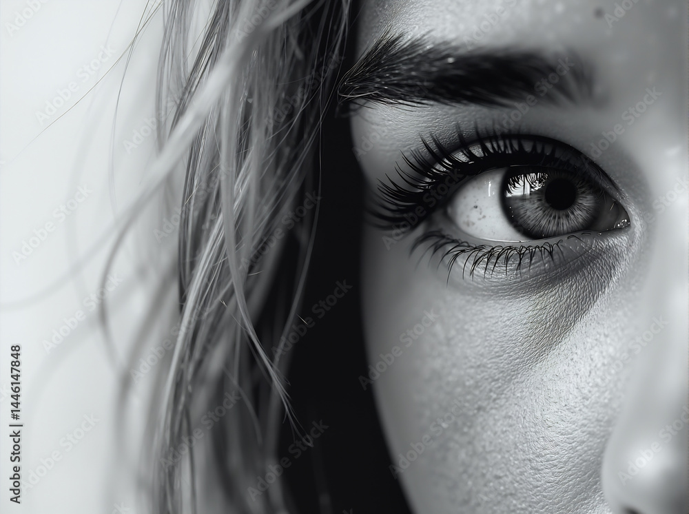 Obraz premium Detailed Monochrome Female Eye Close-Up Generative AI