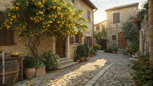 Rustic Italian village, cobblestone street, lemon tree, sunlit alley, terracotta buildings, potted plants, warm afternoon light, Tuscan atmosphere, quaint architecture, charming doorways, 