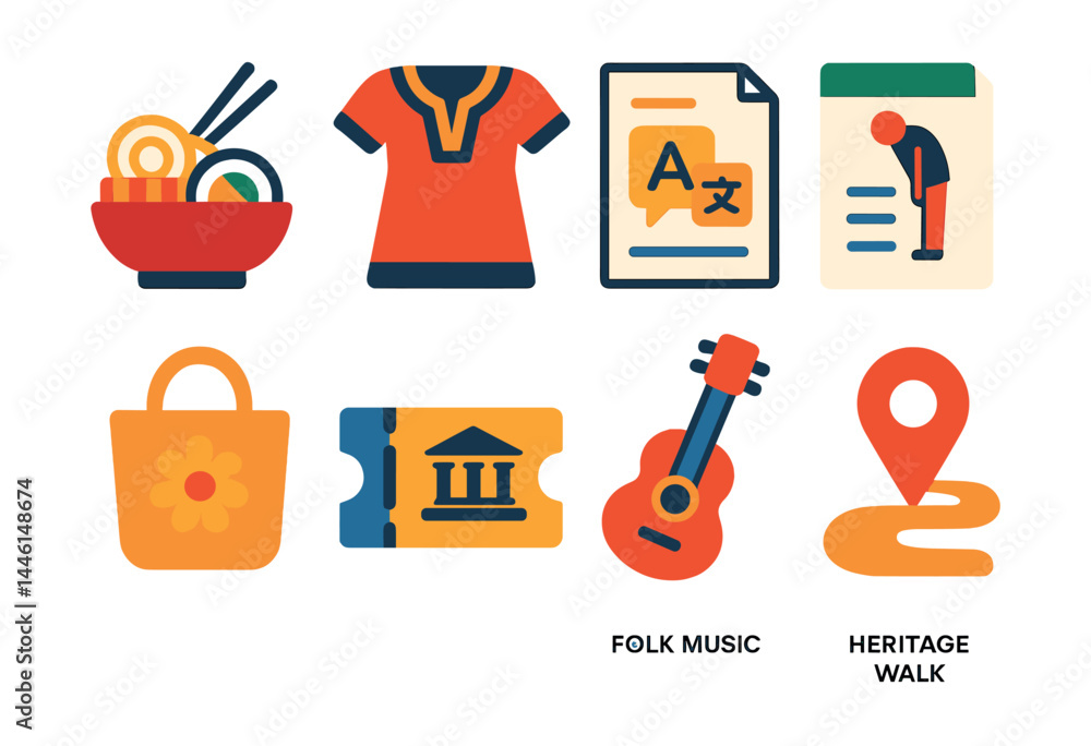 Flat vector icons of cultural experience planning: local food tasting, traditional clothing icon, language basics sheet, etiquette guide icon, craft market bag, culture museum ticket, folk music icon