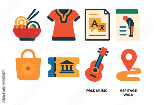 Obraz na płótnie Flat vector icons of cultural experience planning: local food tasting, traditional clothing icon, language basics sheet, etiquette guide icon, craft market bag, culture museum ticket, folk music icon w salonie