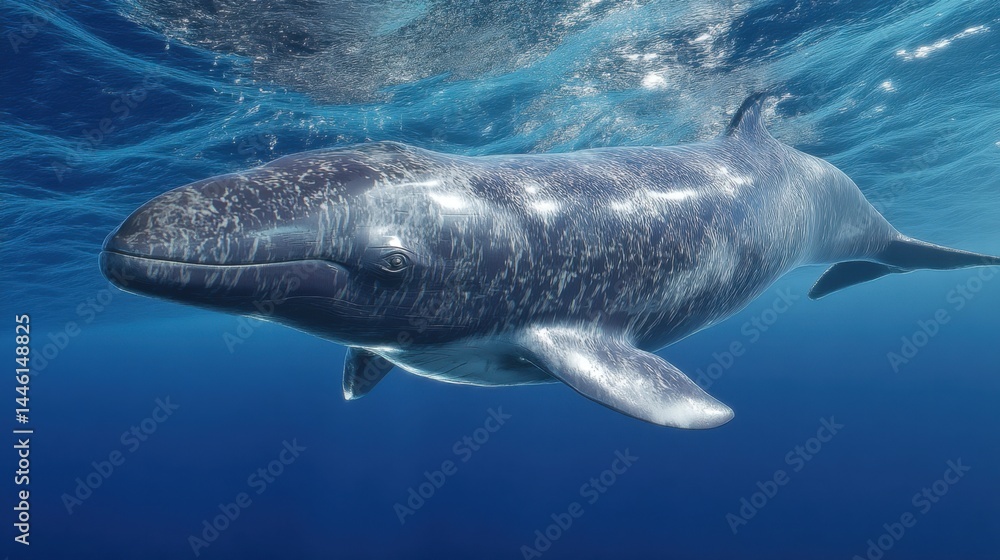 Naklejka premium Underwater Close-Up: Pygmy Right Whale, Mottled Skin, Deep Ocean