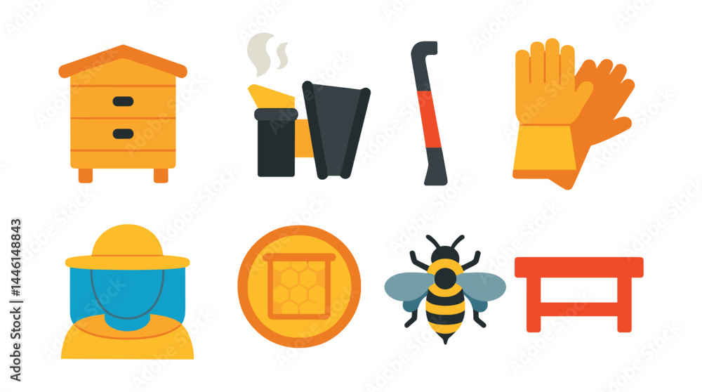 Flat vector icons of beekeeping basics: wooden beehive icon, smoker tool, hive tool scraper, beekeeper gloves, protective veil hat, brood frame badge, honey bee icon, hive stand.
