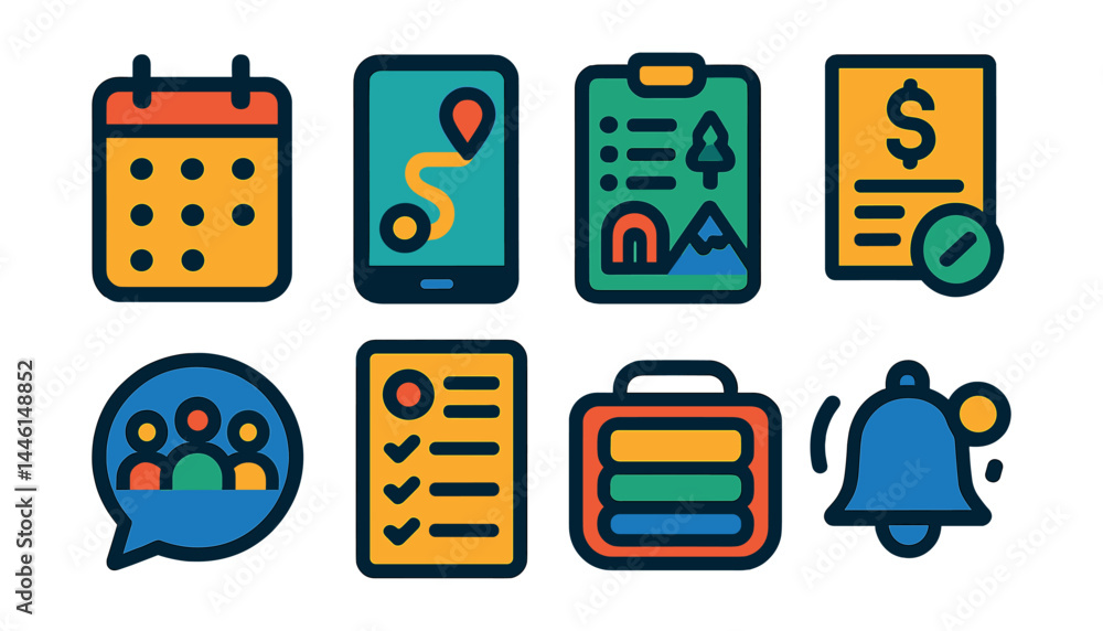 Flat vector icons of travel planning tools: calendar with dots, route planner app, sightseeing list, expense tracker, trip group chat icon, daily agenda card, packing cube icon, pre-departure alert.