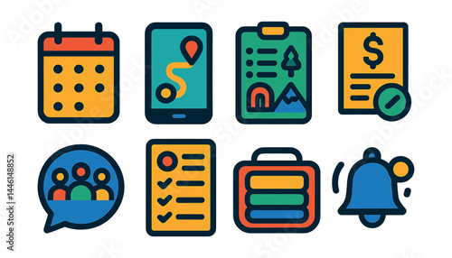 Obraz na płótnie Flat vector icons of travel planning tools: calendar with dots, route planner app, sightseeing list, expense tracker, trip group chat icon, daily agenda card, packing cube icon, pre-departure alert. w salonie