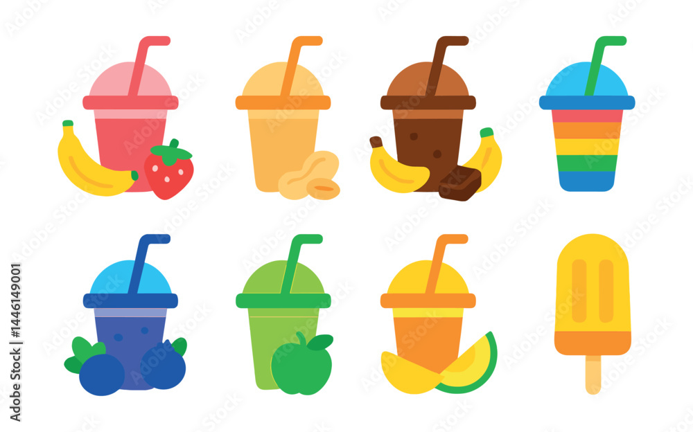 Flat vector icons of child-friendly smoothies: banana strawberry smoothie, creamy peanut blend, chocolate banana shake, colorful rainbow smoothie, blueberry yogurt drink, mild green apple blend,