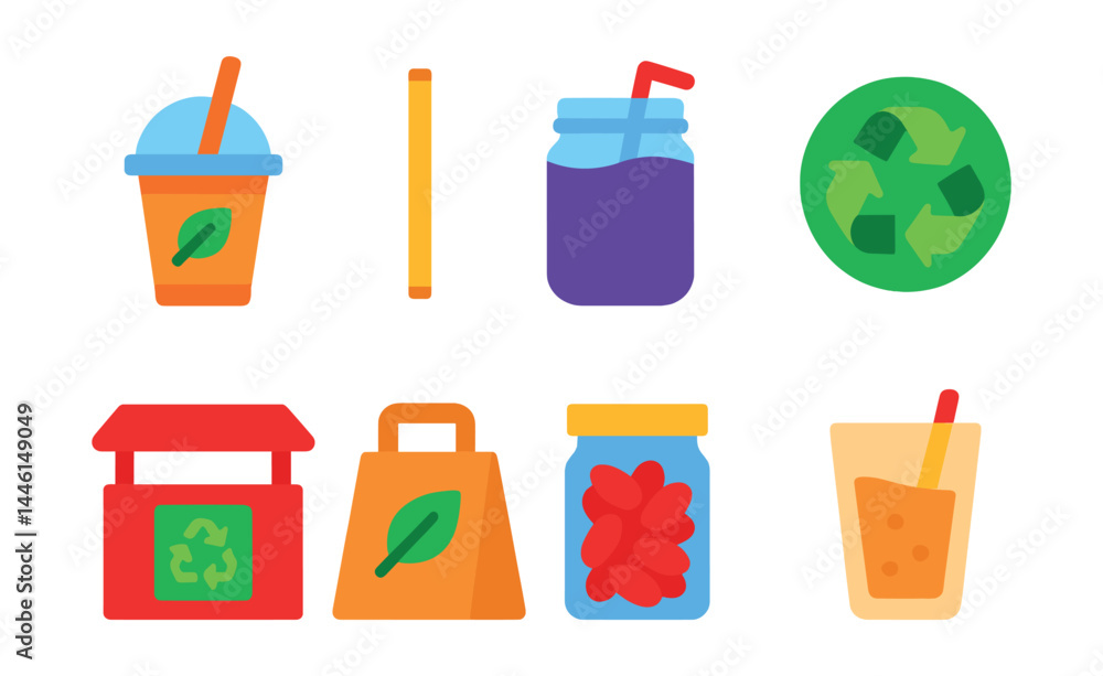 Flat vector icons of smoothie eco practices: compostable smoothie cup, bamboo straw icon, glass jar smoothie, recyclable lid badge, zero waste station, eco-friendly delivery bag, bulk ingredient