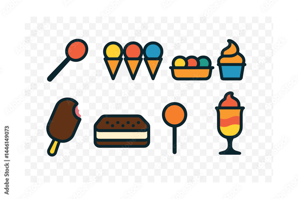 Flat vector icons of mini ice cream servings: tasting spoon with scoop, mini cone trio, flight of flavors tray, sample cup with swirl, bite-size ice cream bar, mini sandwich, frozen truffle pop,