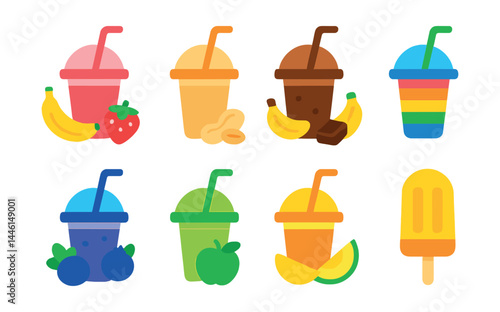 Obraz na płótnie Flat vector icons of child-friendly smoothies: banana strawberry smoothie, creamy peanut blend, chocolate banana shake, colorful rainbow smoothie, blueberry yogurt drink, mild green apple blend, w salonie
