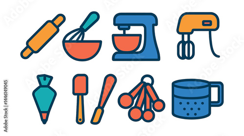 Flat vector icons of baking tools: rolling pin icon, whisk and bowl, stand mixer, hand mixer icon, piping bag, silicone spatula, measuring spoons, sifter for flour.