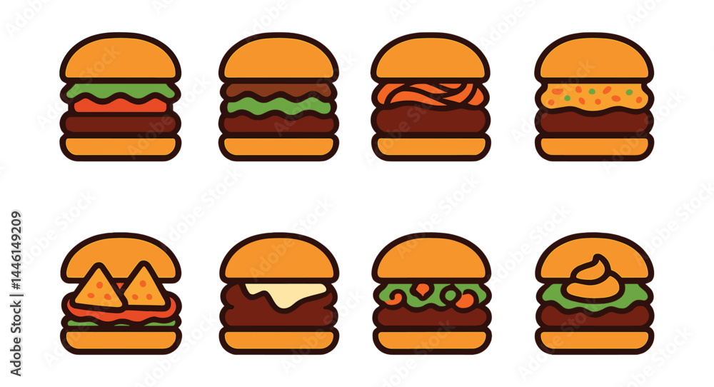 Flat vector icons of international burger styles: American classic burger, Japanese teriyaki burger, Korean kimchi burger, Indian spiced masala burger, Mexican nacho burger, French brie burger,