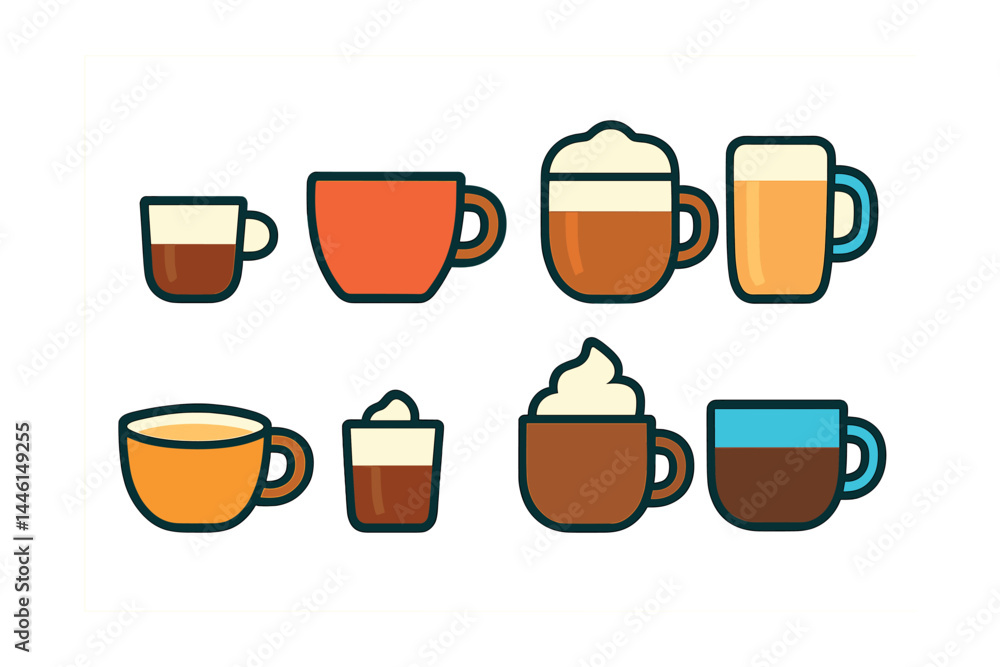 Flat vector icons of hot coffee drinks: espresso shot, americano cup, cappuccino mug, latte with milk foam, flat white cup, macchiato glass, mocha with whipped cream, brewed black coffee.