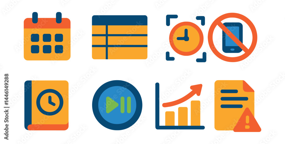 Flat vector icons of time management for freelancers: calendar block, weekly planning sheet, focus hour icon, no distraction symbol, hourly logbook, start/pause timer button, productivity graph,