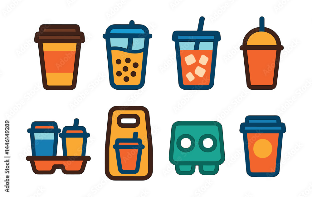 Flat vector icons of to-go drinks: coffee cup with lid, bubble tea in sealed plastic, iced drink with straw, paper smoothie cup, delivery tray with drinks, drink in carrier bag, cup holder insert,