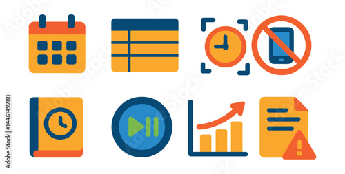 Flat vector icons of time management for freelancers: calendar block, weekly planning sheet, focus hour icon, no distraction symbol, hourly logbook, start/pause timer button, productivity graph,
