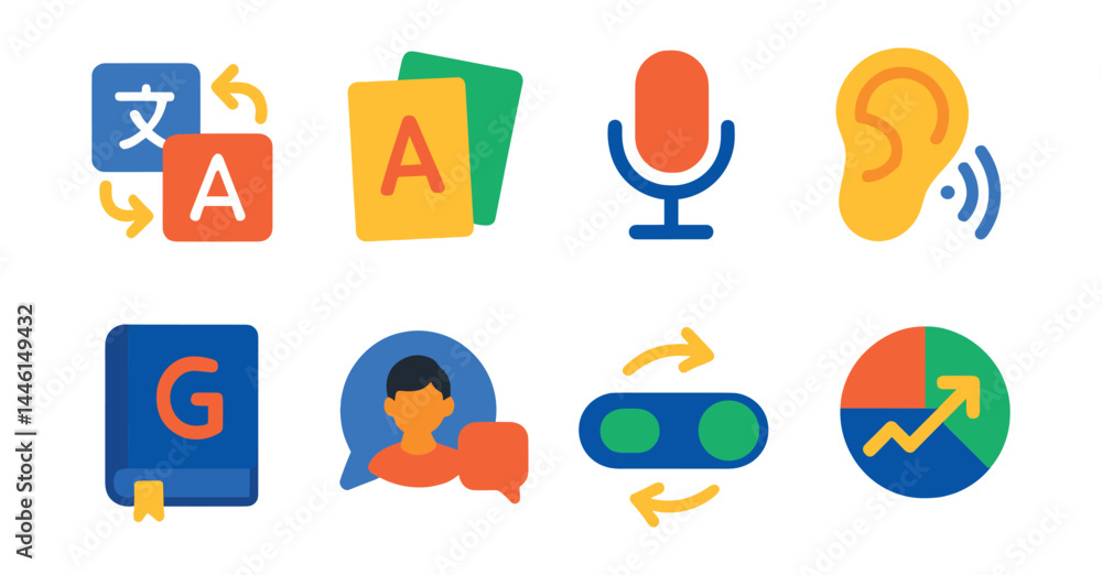Flat vector icons of language learning tools: word translation icon, flashcard pair, speaking practice mic, listening exercise ear, grammar rule book, native speaker chat icon, language switch toggle