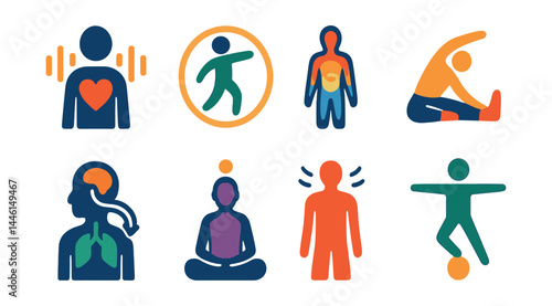 Obraz na płótnie Flat vector icons of body-mind connection: body scan icon, gentle movement badge, emotional body map, relaxing stretch pose, mind-body breath sync, mindful posture icon, physical tension release, w salonie