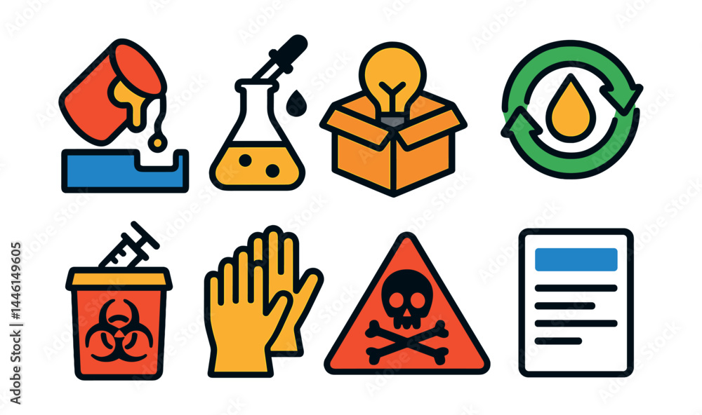 Flat vector icons of hazardous materials recycling: paint can drop-off, chemical disposal icon, lightbulb return box, used oil recycling badge, sharps container symbol, safe material handling gloves,