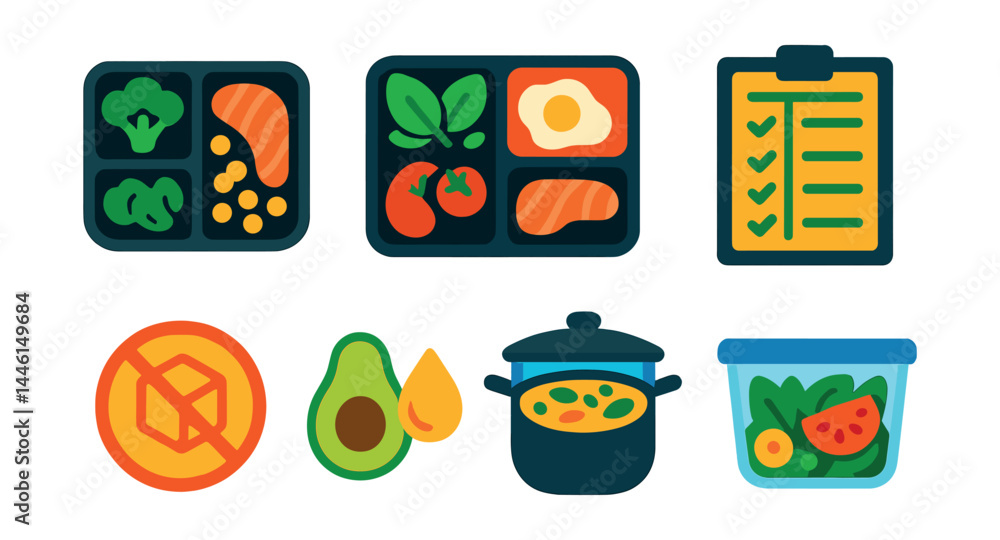 Flat vector icons of low-carb meal prep: portioned container set, keto bento box, batch cook calendar, weekly keto plan chart, no sugar meal badge, healthy fats symbol, low-carb soup pot, packed