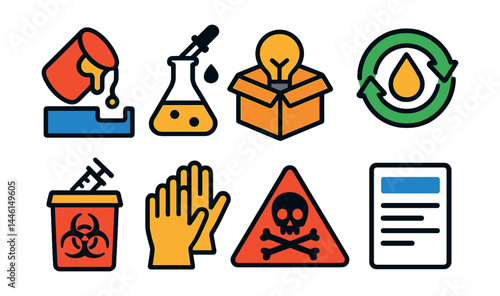Obraz na płótnie Flat vector icons of hazardous materials recycling: paint can drop-off, chemical disposal icon, lightbulb return box, used oil recycling badge, sharps container symbol, safe material handling gloves, w salonie