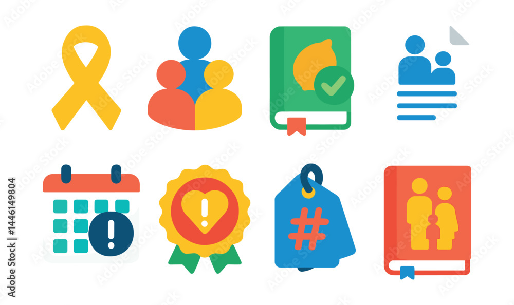 Flat vector icons of allergy education and support: allergy awareness ribbon, support group icon, allergy-safe recipe book, caregiver instructions sheet, allergy awareness calendar, safety campaign