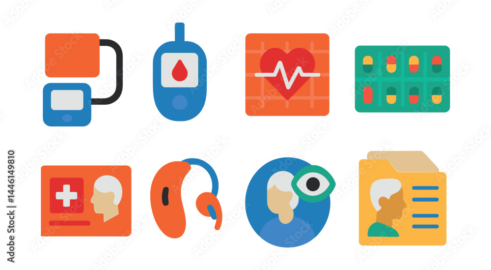 Flat vector icons of senior health monitoring: blood pressure cuff, glucose meter icon, heart rate chart, weekly pill box, medical alert card, hearing aid device, vision check badge, senior health