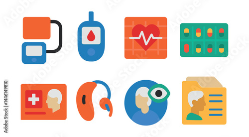 Obraz na płótnie Flat vector icons of senior health monitoring: blood pressure cuff, glucose meter icon, heart rate chart, weekly pill box, medical alert card, hearing aid device, vision check badge, senior health w salonie