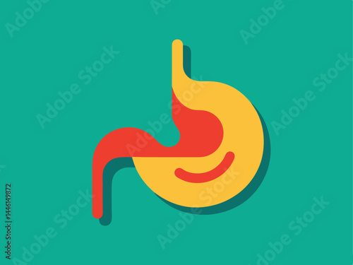 Minimalist stomach illustration, flat design, vibrant teal background, yellow and red stomach diagram, simplified anatomical 