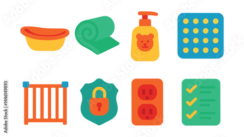Flat vector icons of hygiene and safety: baby bath tub, soft towel roll, gentle shampoo bottle, non-slip mat, baby gate icon, cabinet lock badge, outlet cover symbol, safety checklist sheet.